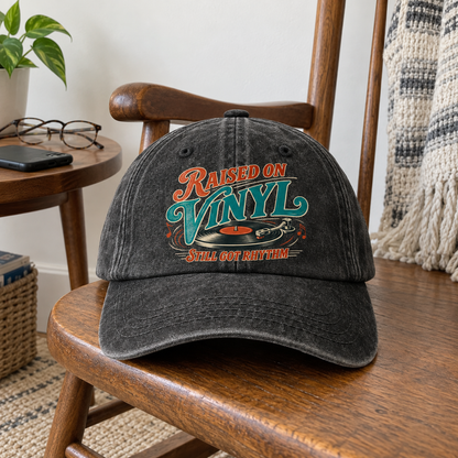Black vintage washed cap with printed Raised On Vinyl Still Got Rhythm record design