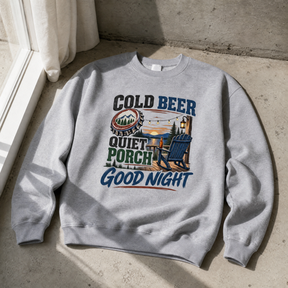 Gray vintage sweatshirt with printed Cold Beer Quiet Porch Good Night design, hero view.