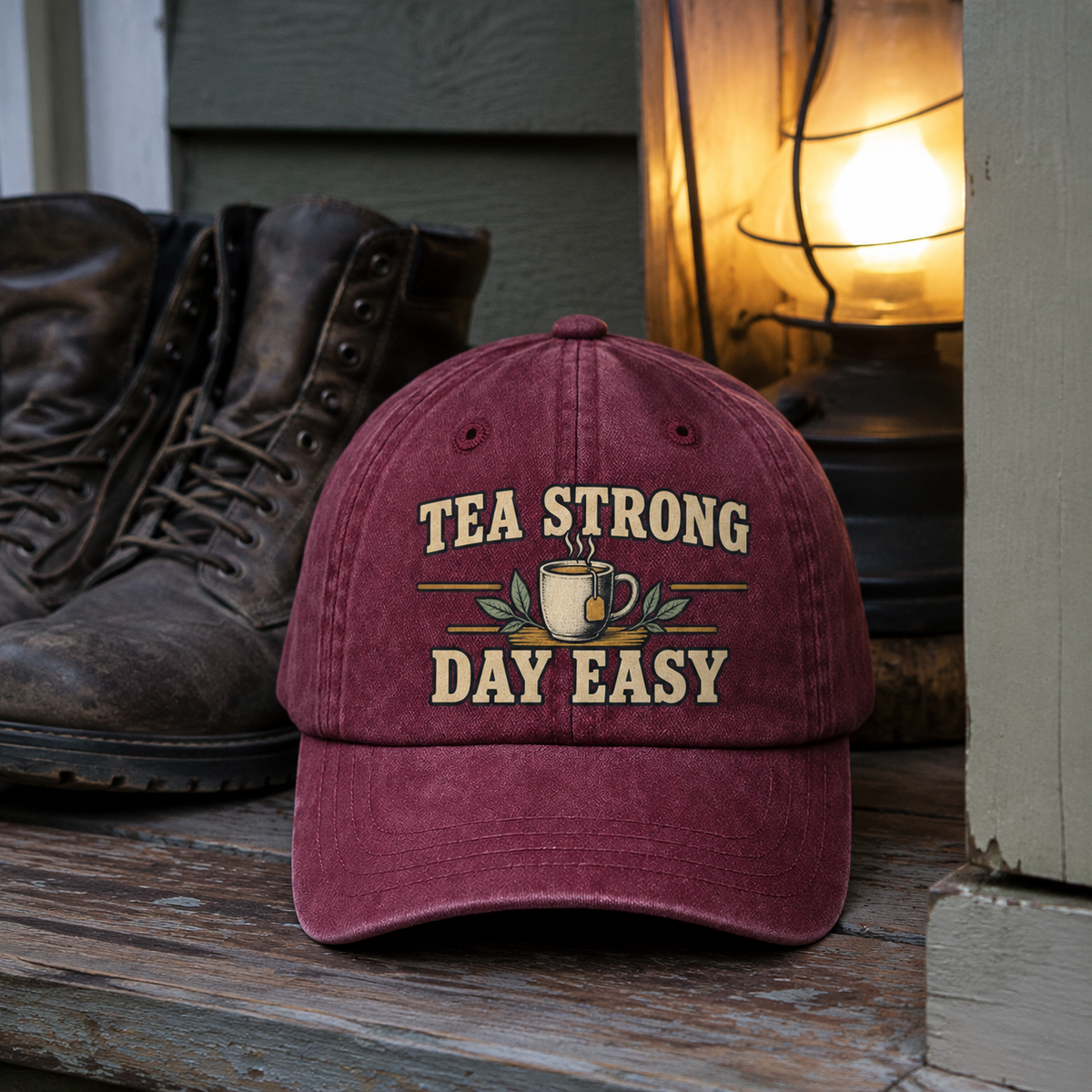 Burgundy vintage washed cap with printed Tea Strong Day Easy slogan, front hero view.