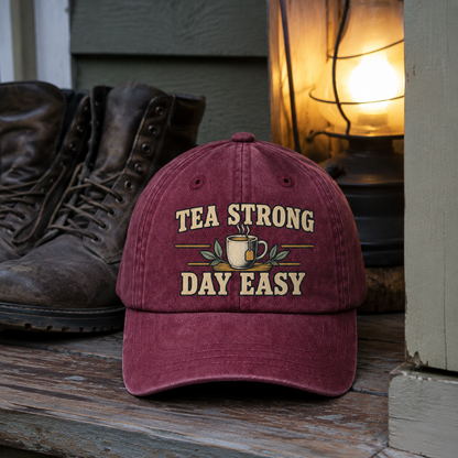 Burgundy vintage washed cap with printed Tea Strong Day Easy slogan, front hero view.