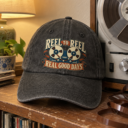 Charcoal vintage washed cap with printed Reel To Reel Real Good Days design