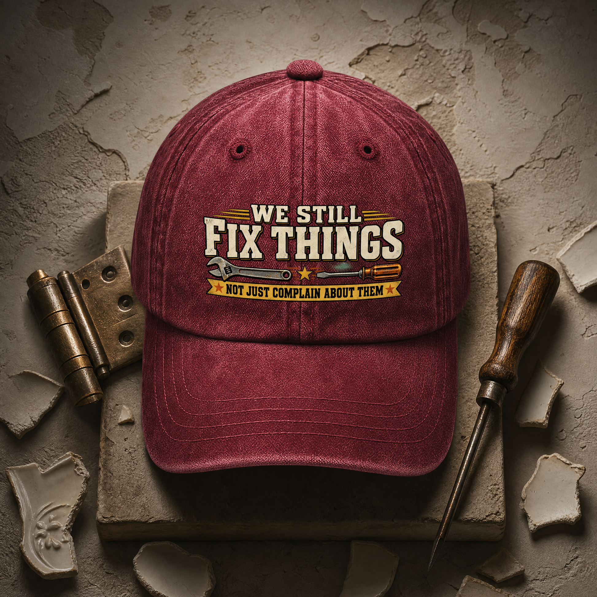 Burgundy vintage washed cap with printed “We Still Fix Things” slogan, front view