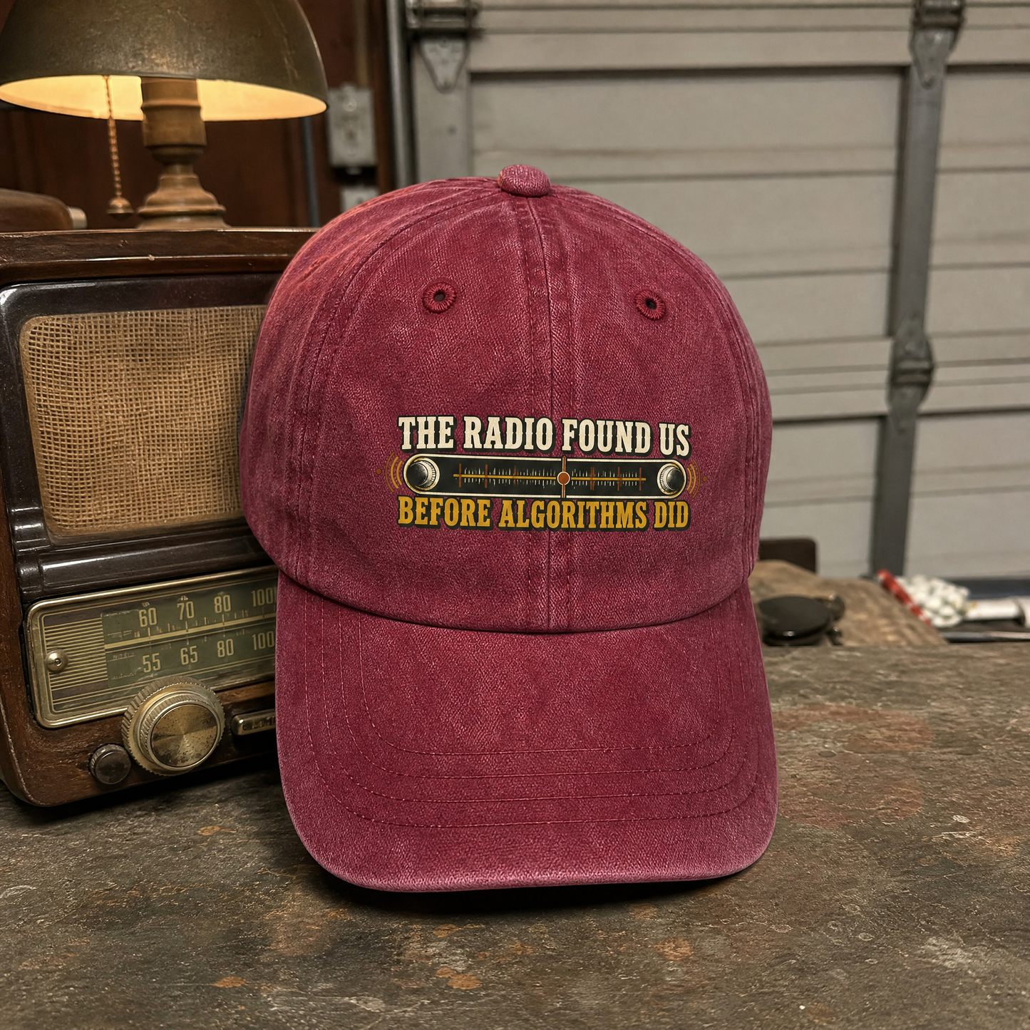 Burgundy vintage washed cap with printed radio slogan, front hero view