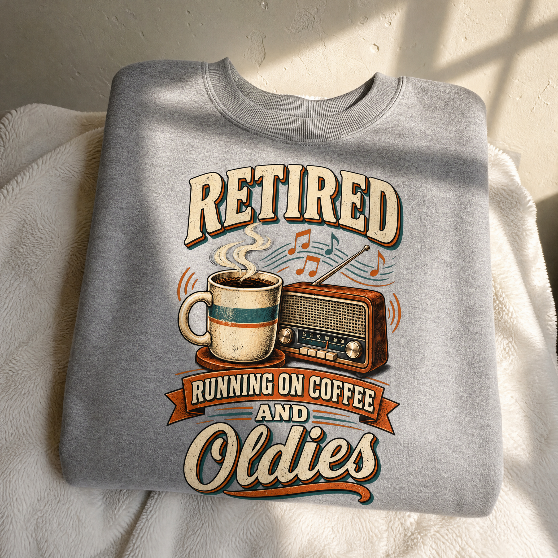 vintage sweatshirt product shot with Retro Running On Coffee And Oldies printed design