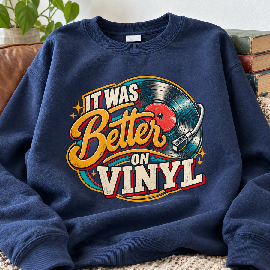 Navy vintage sweatshirt with printed It Was Better On Vinyl slogan and record graphic