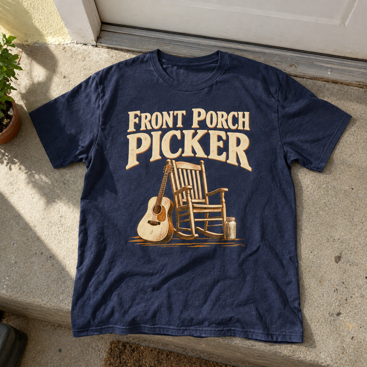 Navy vintage t-shirt with printed Front Porch Picker slogan and rocking chair design