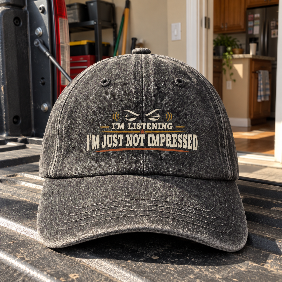 Charcoal vintage washed cap with printed I'm Listening I'm Just Not Impressed slogan