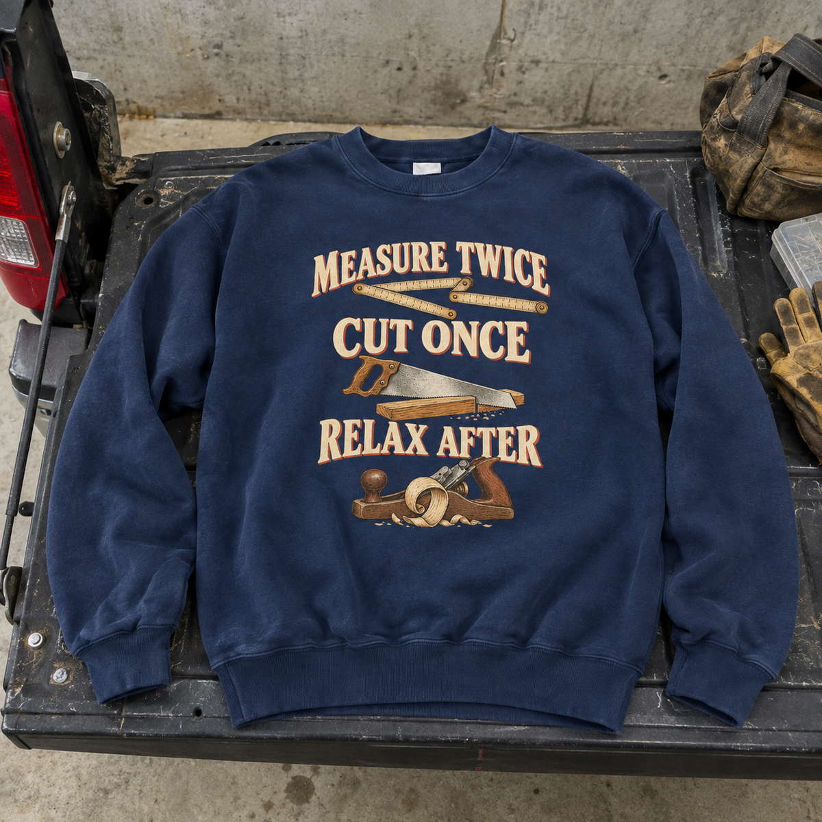Navy vintage sweatshirt printed with Measure Twice Cut Once. Relax After woodworking design