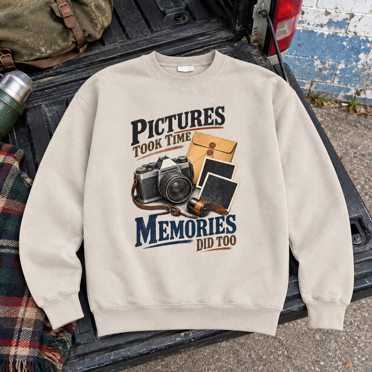 Cream vintage sweatshirt with printed Pictures Took Time Memories Did Too slogan and camera design