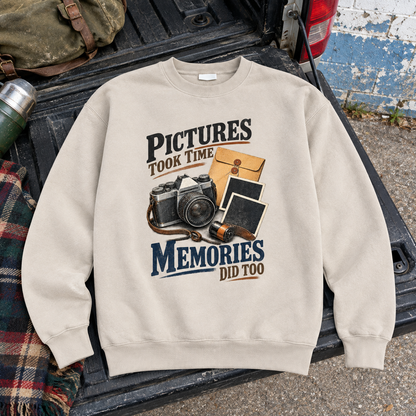Cream vintage sweatshirt with printed Pictures Took Time Memories Did Too slogan and camera design