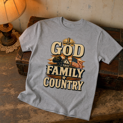 Gray vintage t-shirt featuring printed God Family Country design with farmhouse and American flag