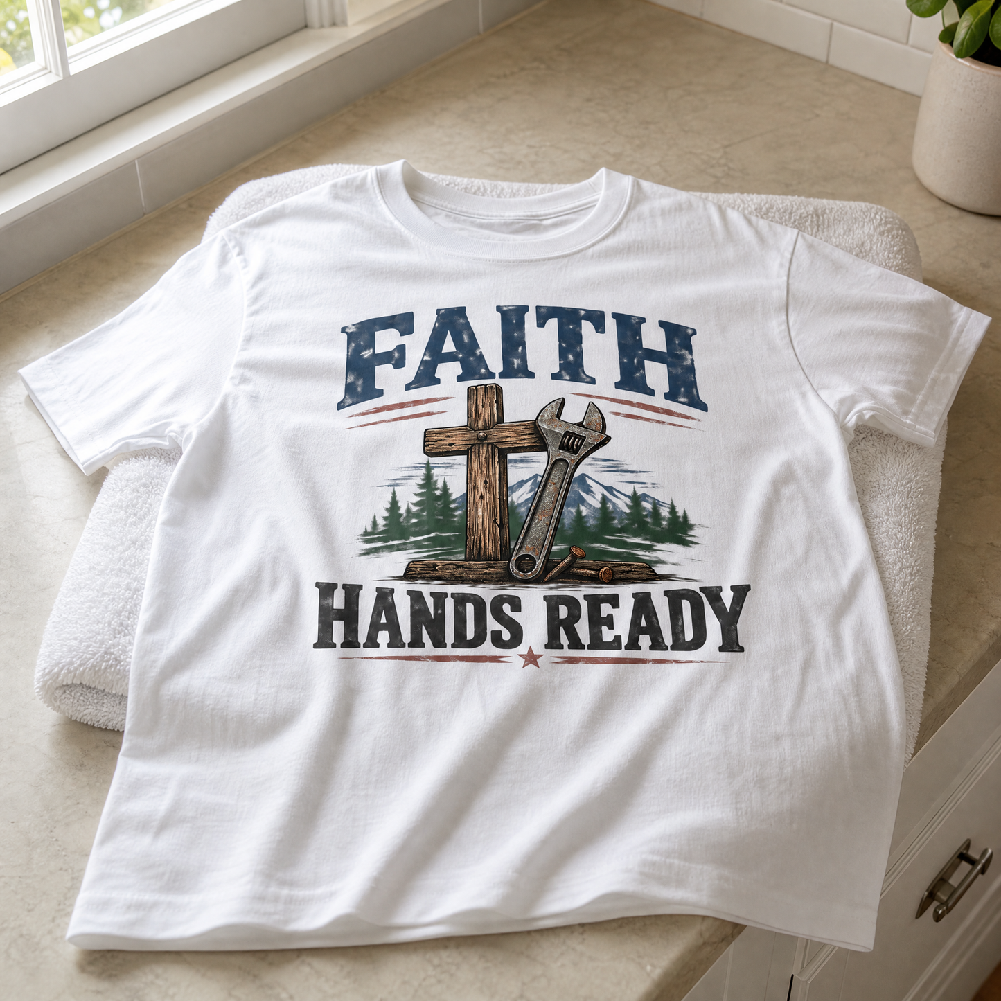White vintage t-shirt with printed Faith Hands Ready slogan and cross wrench design flat lay