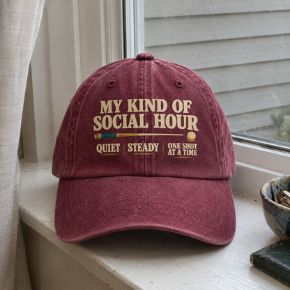 Burgundy vintage washed cap with printed My Kind Of Social Hour slogan, front hero view.