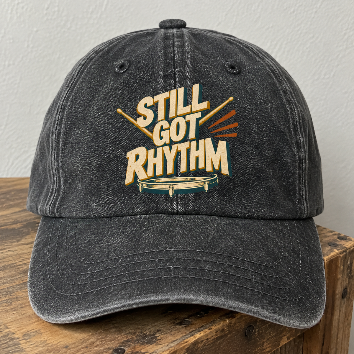 Black vintage washed cap with printed Still Got Rhythm design, front hero view