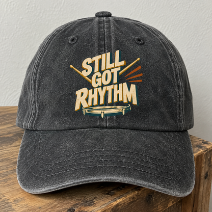 Black vintage washed cap with printed Still Got Rhythm design, front hero view