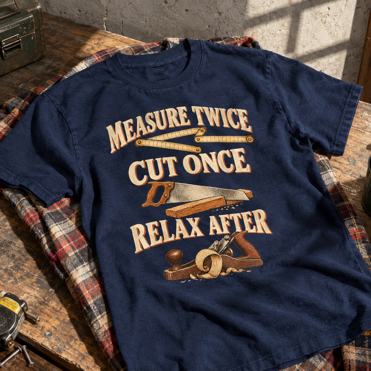 Navy vintage t-shirt with printed Measure Twice Cut Once Relax After woodworking design

Refine the woodworking shirt