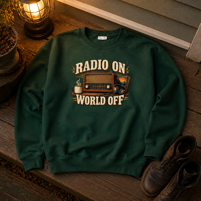 Green vintage sweatshirt with Radio On World Off printed radio graphic, hero view