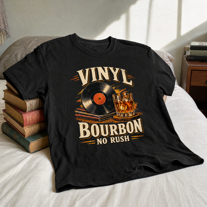 Black vintage t-shirt featuring printed Vinyl Bourbon No Rush design with vinyl record.
