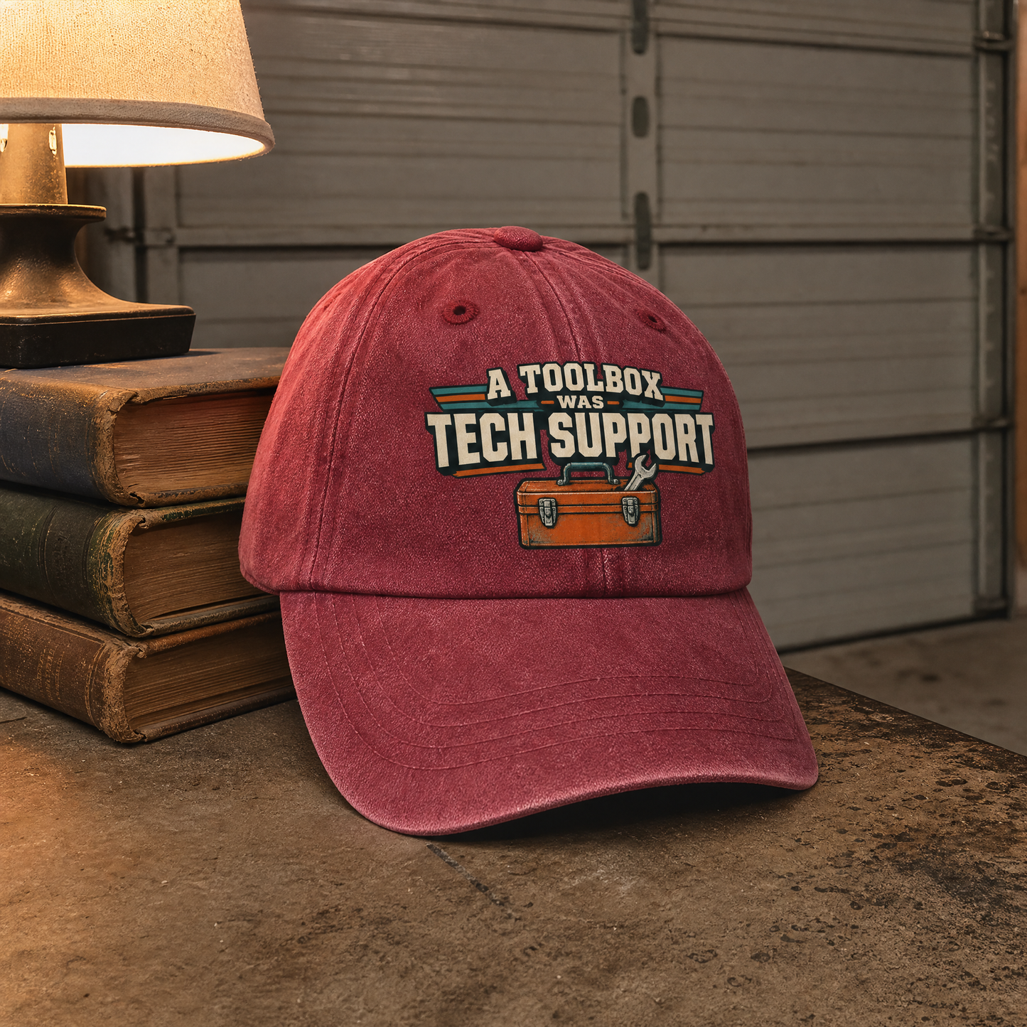 Red vintage washed cap with printed A Toolbox Was Tech Support slogan, hero view