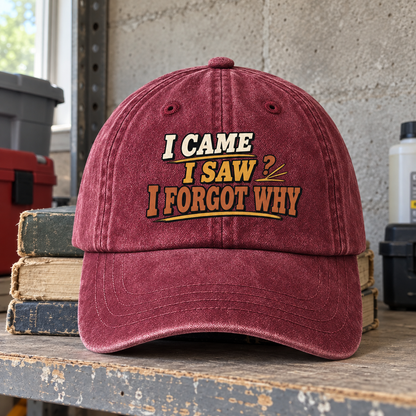 Burgundy vintage washed cap, front view, printed I Came I Saw I Forgot Why
