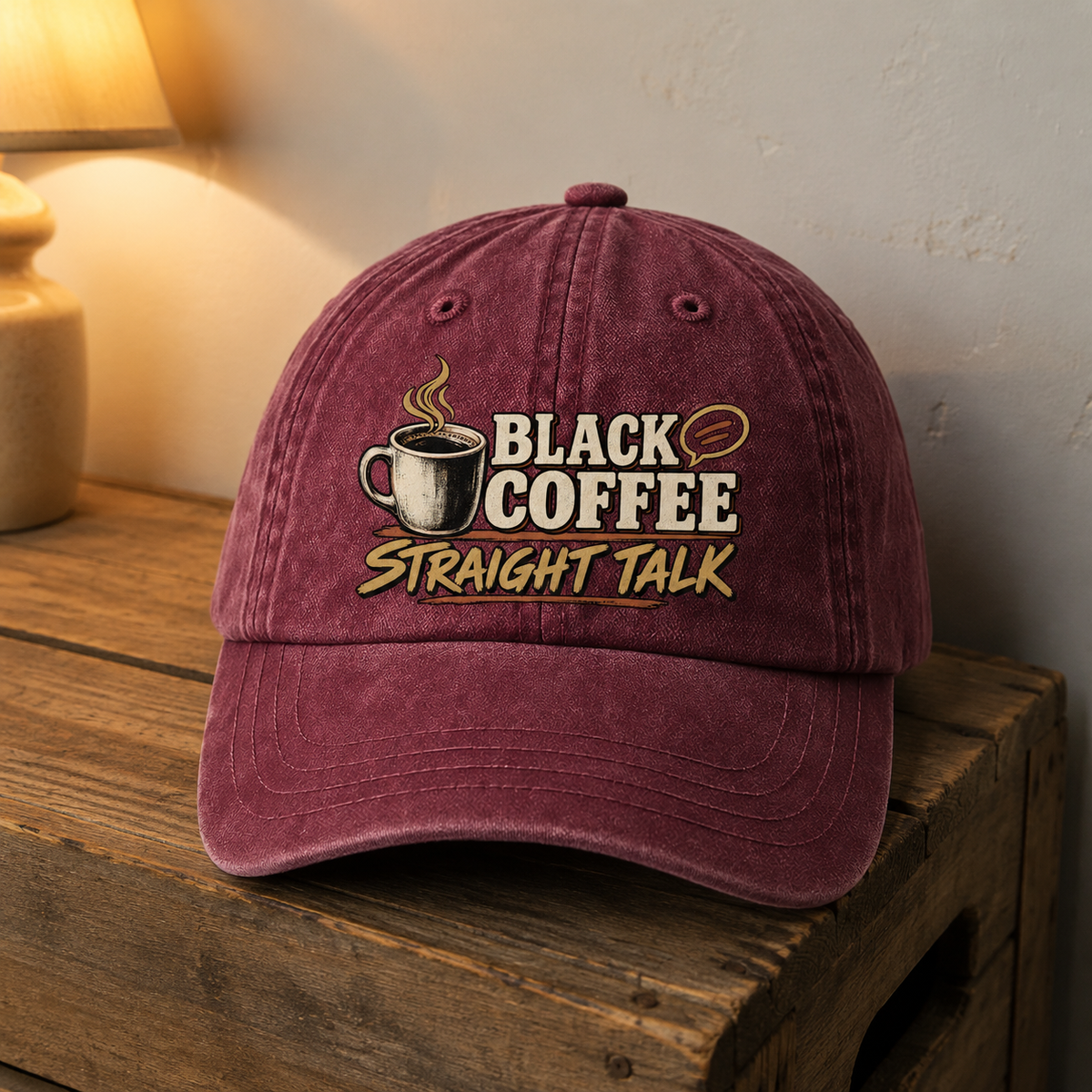 vintage washed cap product shot with Black Coffee. Straight Talk printed design