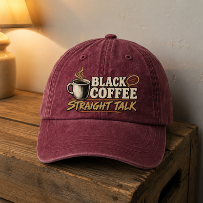 vintage washed cap product shot with Black Coffee. Straight Talk printed design