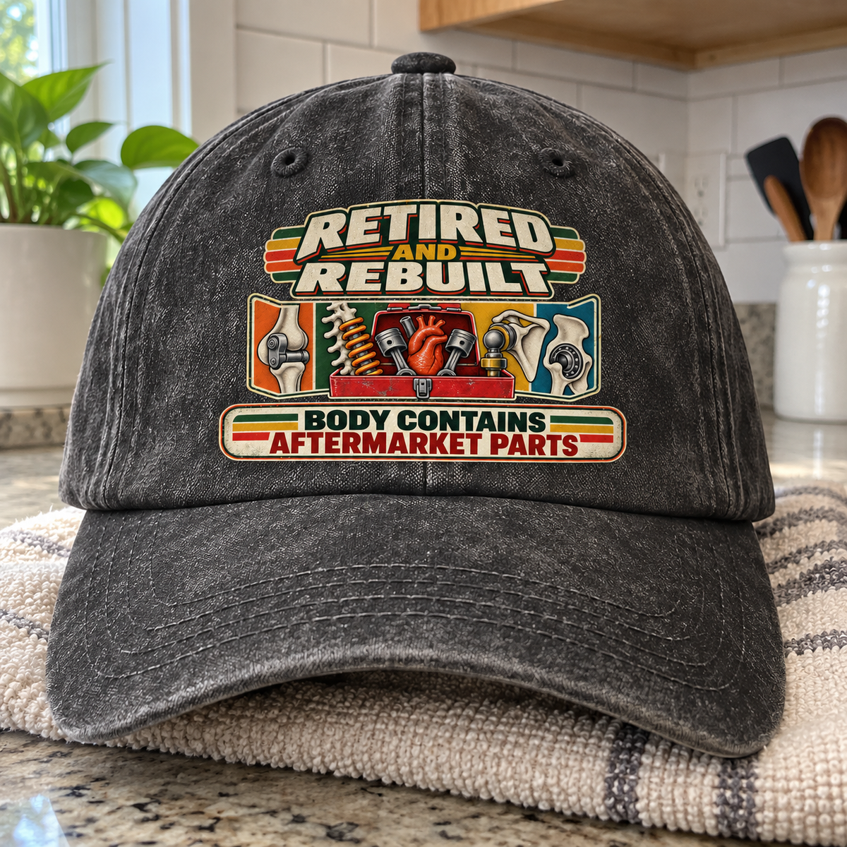 Charcoal vintage washed cap with printed Retired and Rebuilt, Body Contains Aftermarket Parts slogan