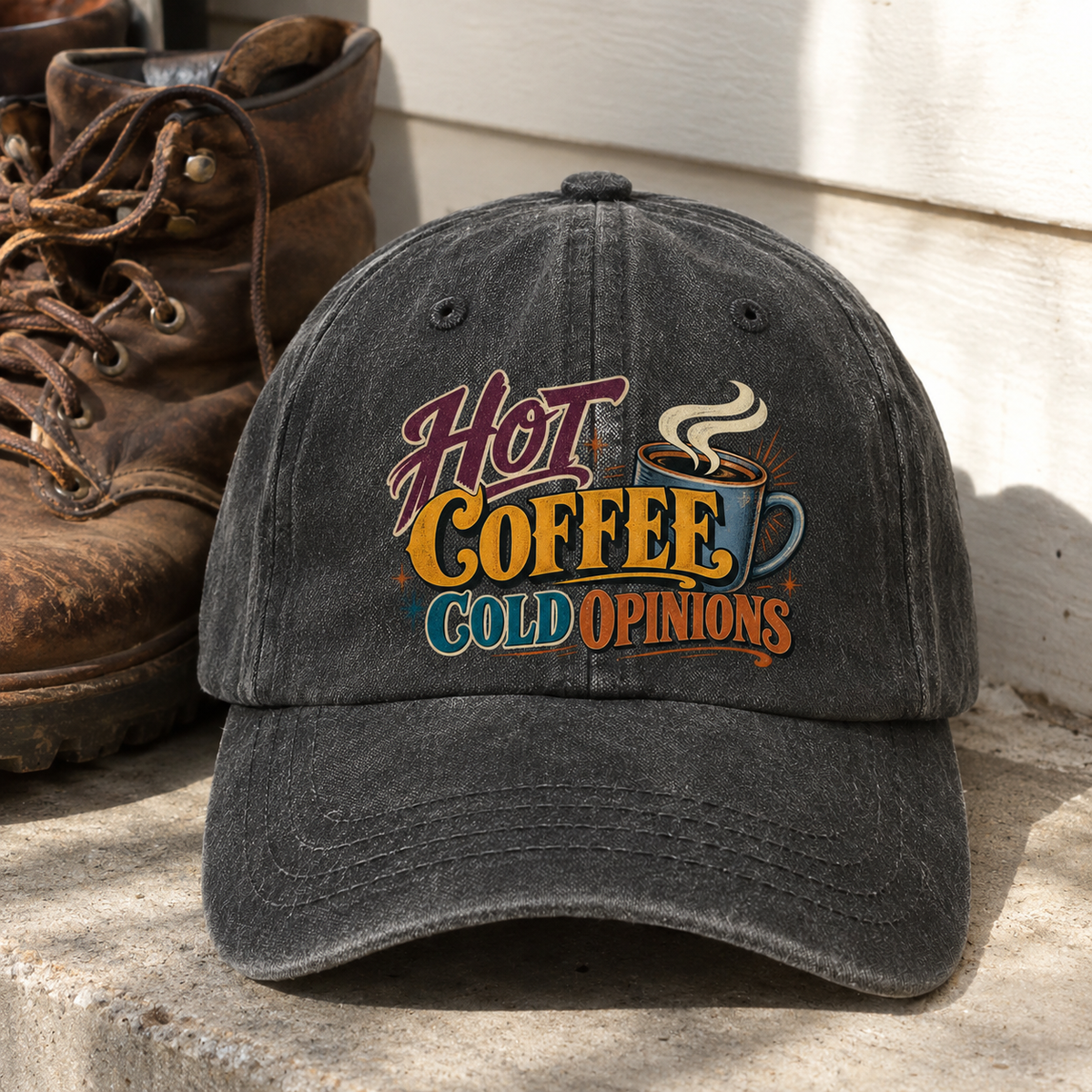 Black vintage washed cap with printed Hot Coffee Cold Opinions slogan, front view