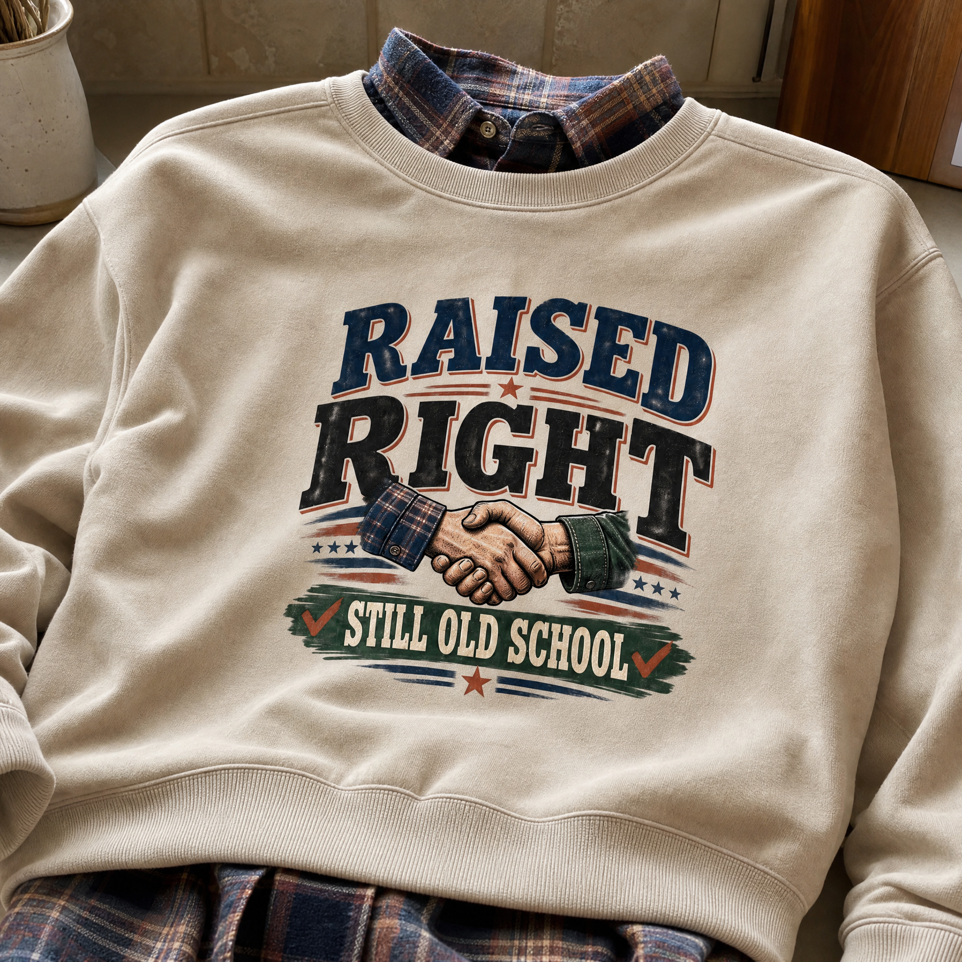 Cream vintage sweatshirt with printed Raised Right Still Old School slogan graphic front view