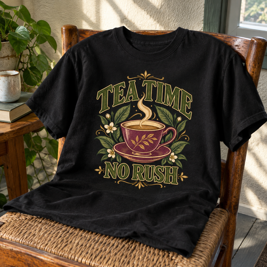 Black vintage t-shirt printed with Tea Time No Rush slogan and tea cup design on chair
