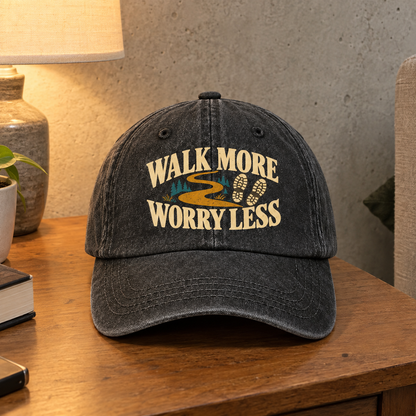 Black vintage washed cap with printed Walk More. Worry Less slogan on wooden table