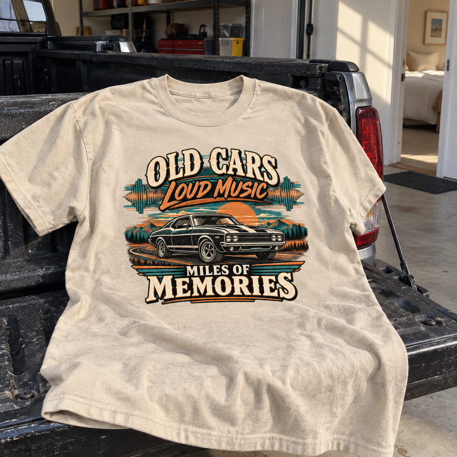 Cream vintage t-shirt on tailgate, printed car and Old Cars. Loud Music. Miles Of Memories.