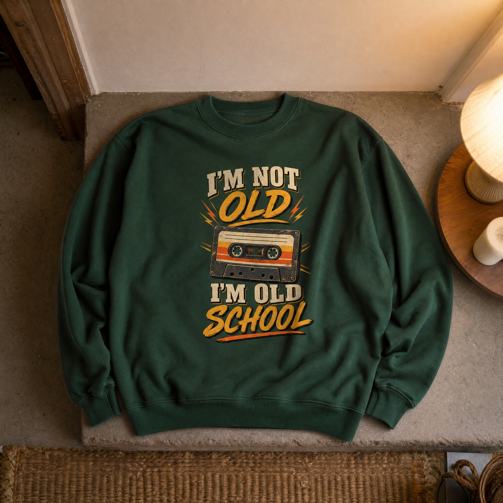 Vintage sweatshirt featuring printed “41 I’m Old School” ideogram design, hero view