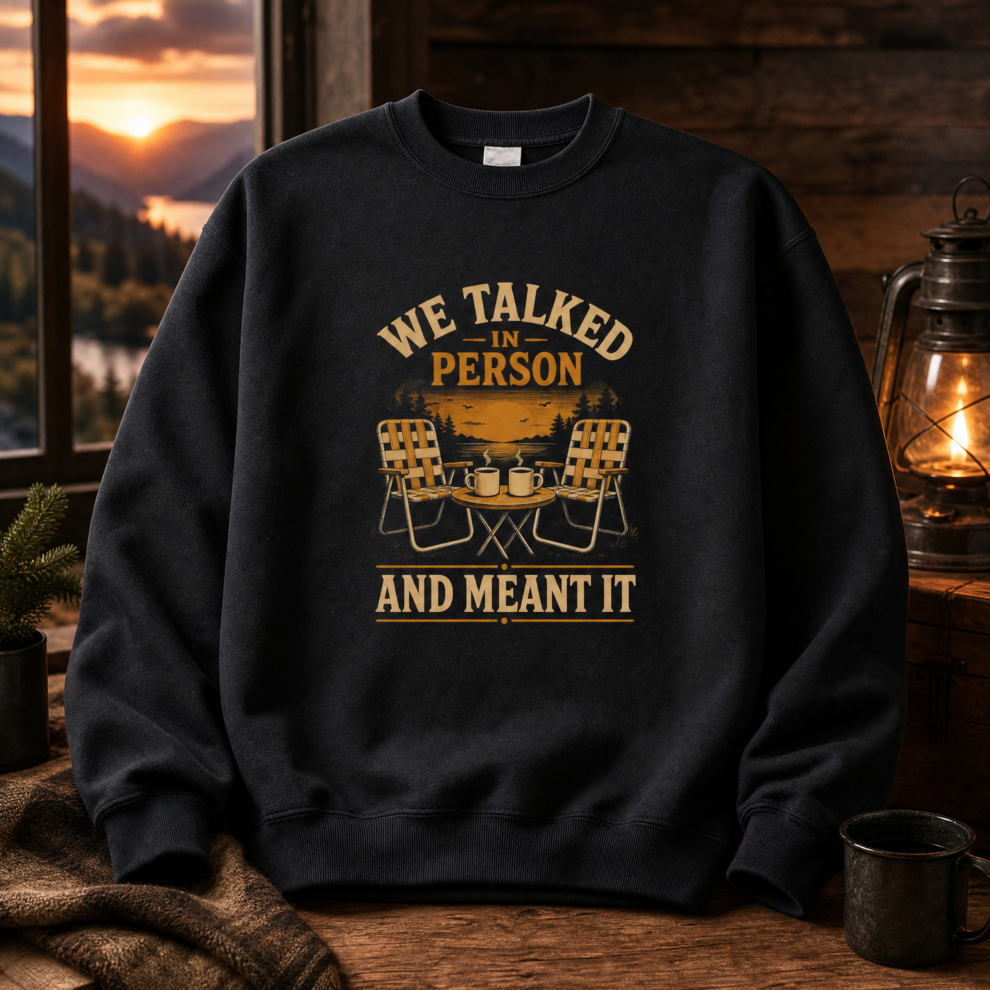 Black vintage sweatshirt with printed “We Talked in Person” design, hero front view