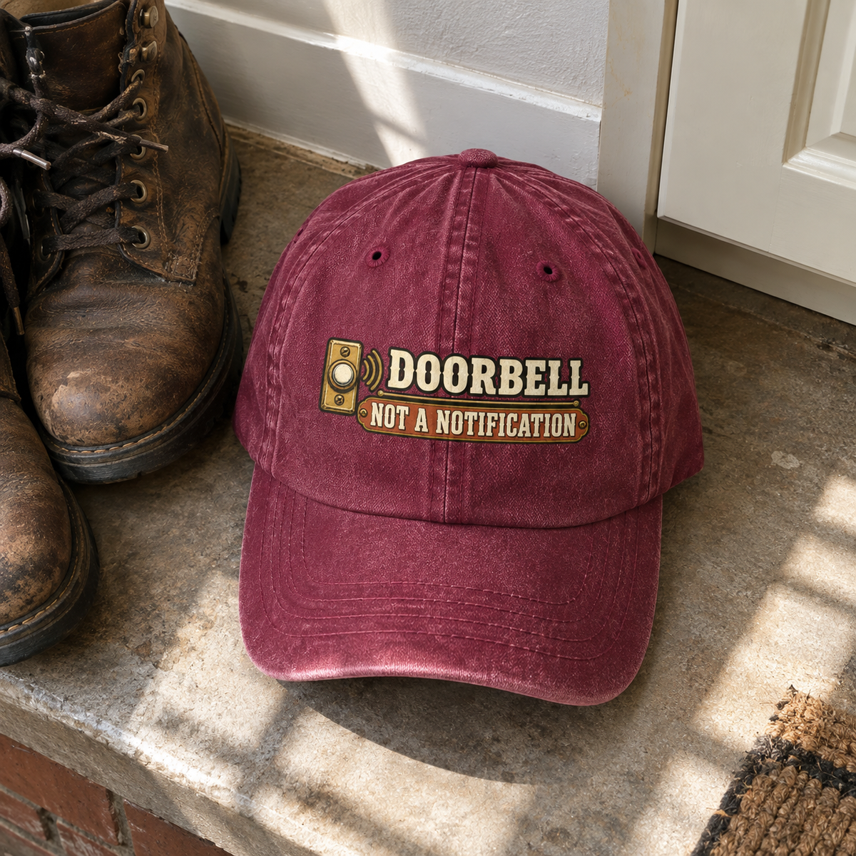 Burgundy vintage washed cap with printed “Doorbell. Not A Notification” slogan, shown front-facing.