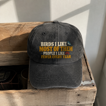 Black vintage washed cap with printed Birds I Like Most Of Them slogan, front hero view
