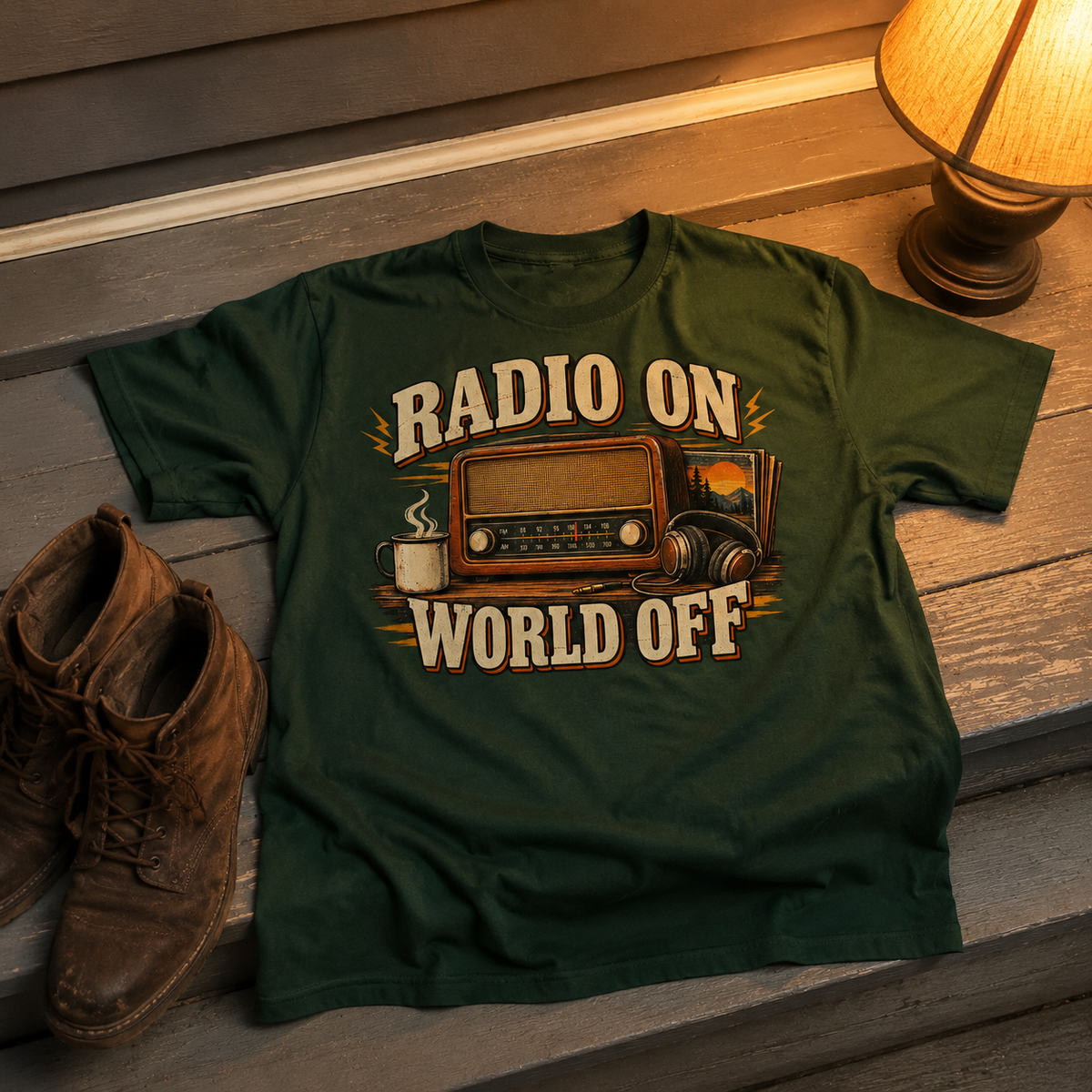 Green vintage t-shirt with printed Radio On World Off slogan and retro radio design