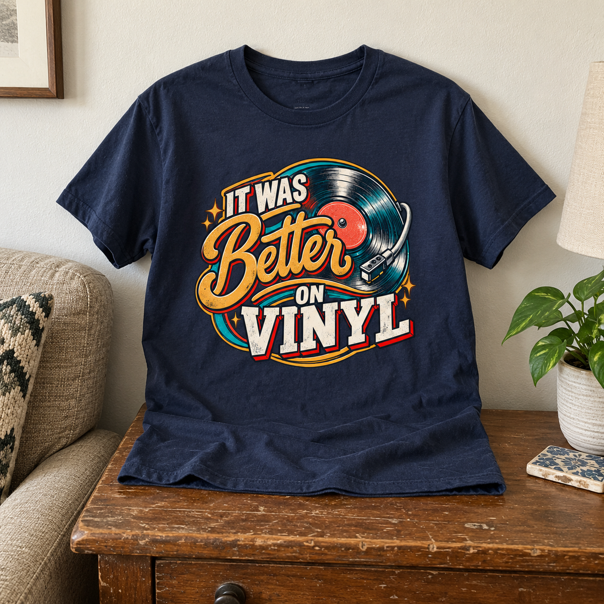 Navy vintage t-shirt with printed It Was Better On Vinyl record design, front view