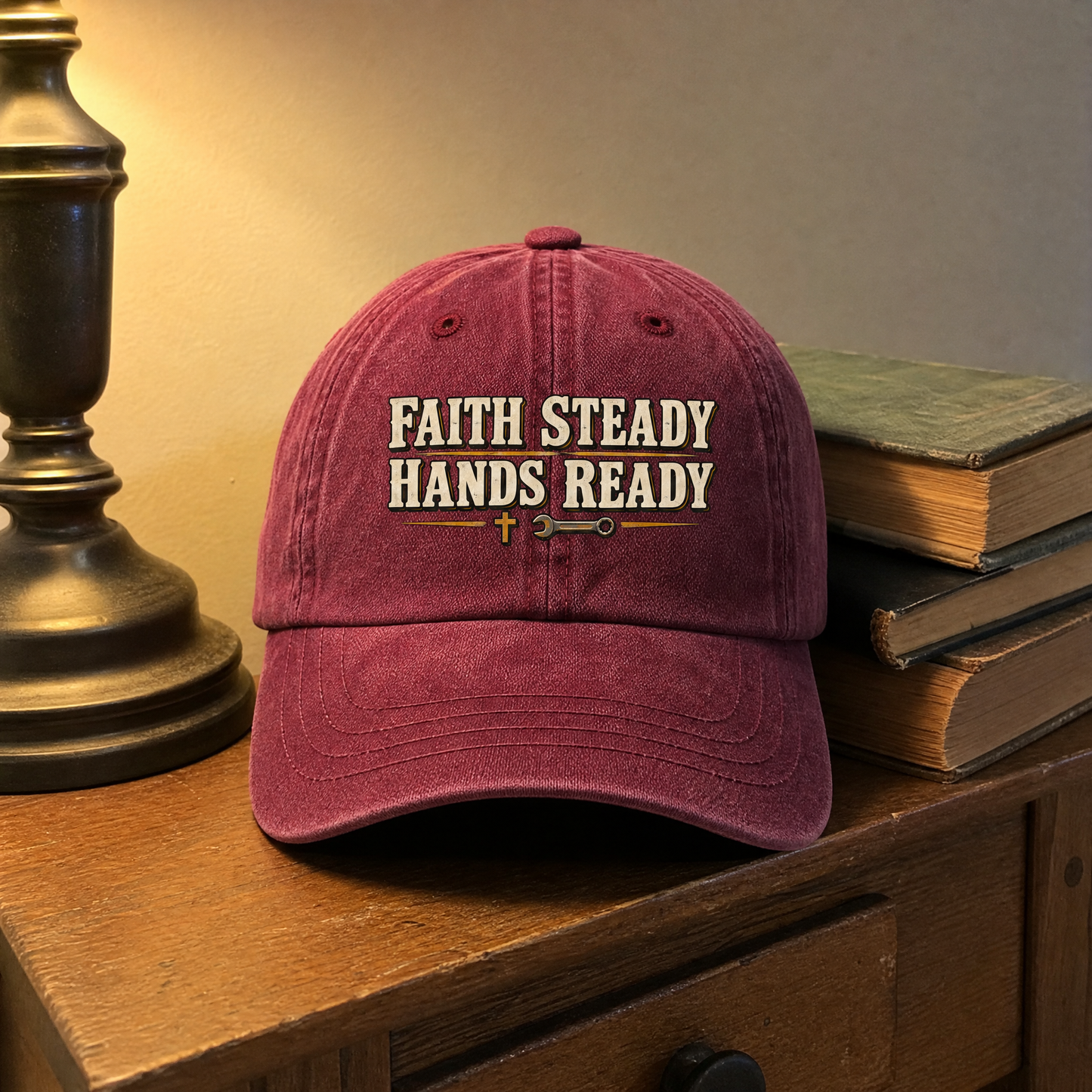 Vintage washed cap in burgundy with printed Faith Steady Hands Ready slogan, front hero view