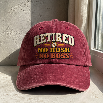Burgundy vintage washed cap with printed Retired No Rush No Boss slogan front view
