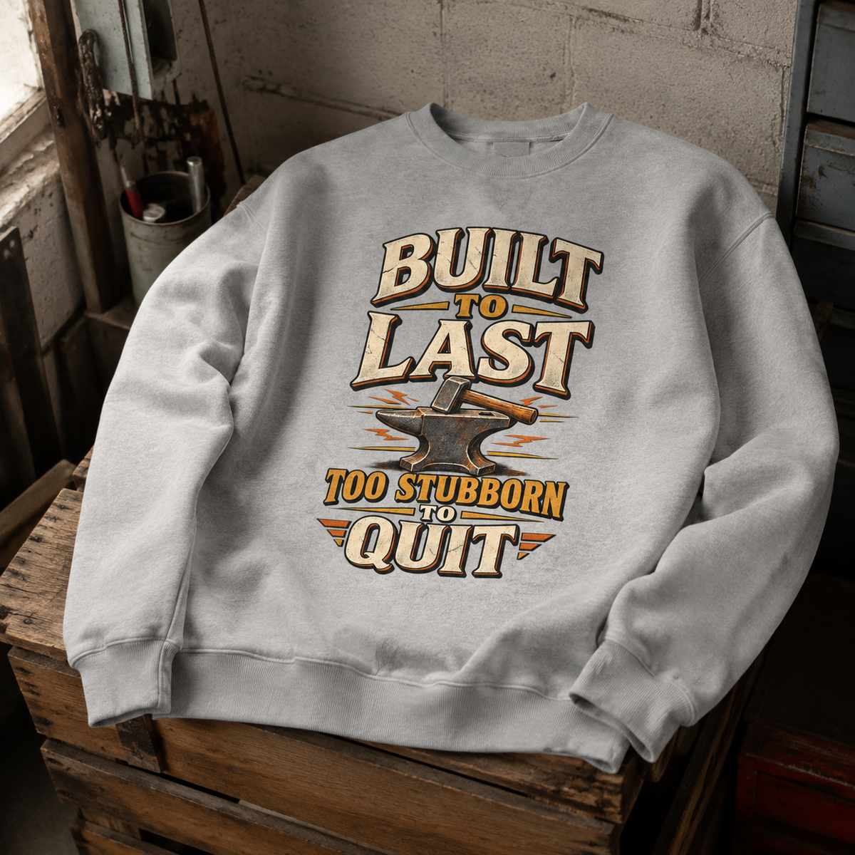 Gray vintage sweatshirt with printed Built To Last Too Stubborn To Quit slogan