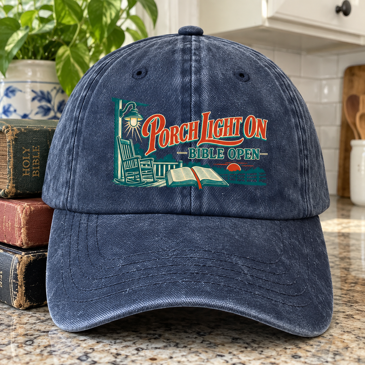 Navy vintage washed cap with printed Porch Light On Bible Open design, front view
