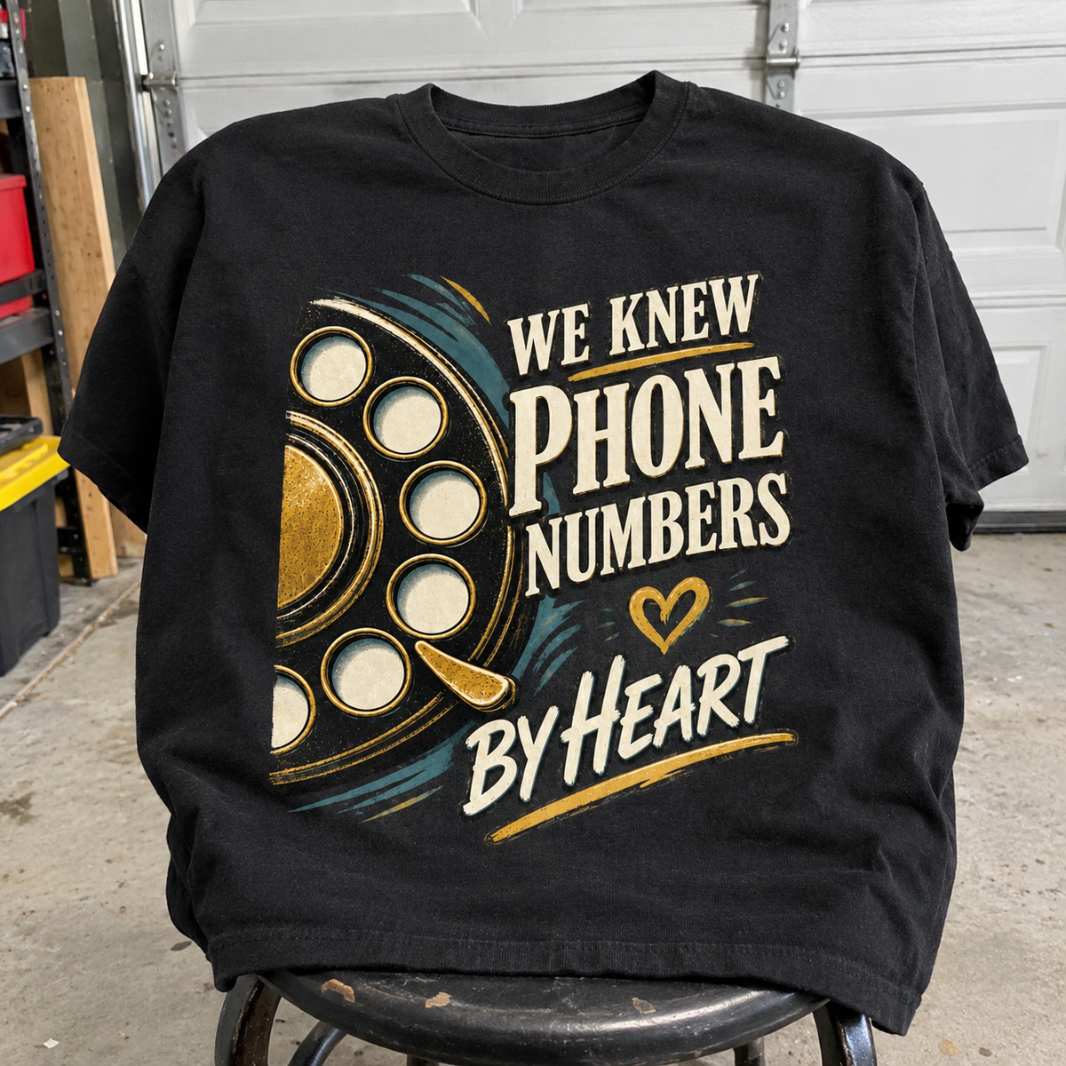 Black vintage t-shirt with printed “We Knew Phone Numbers By Heart” slogan, front view