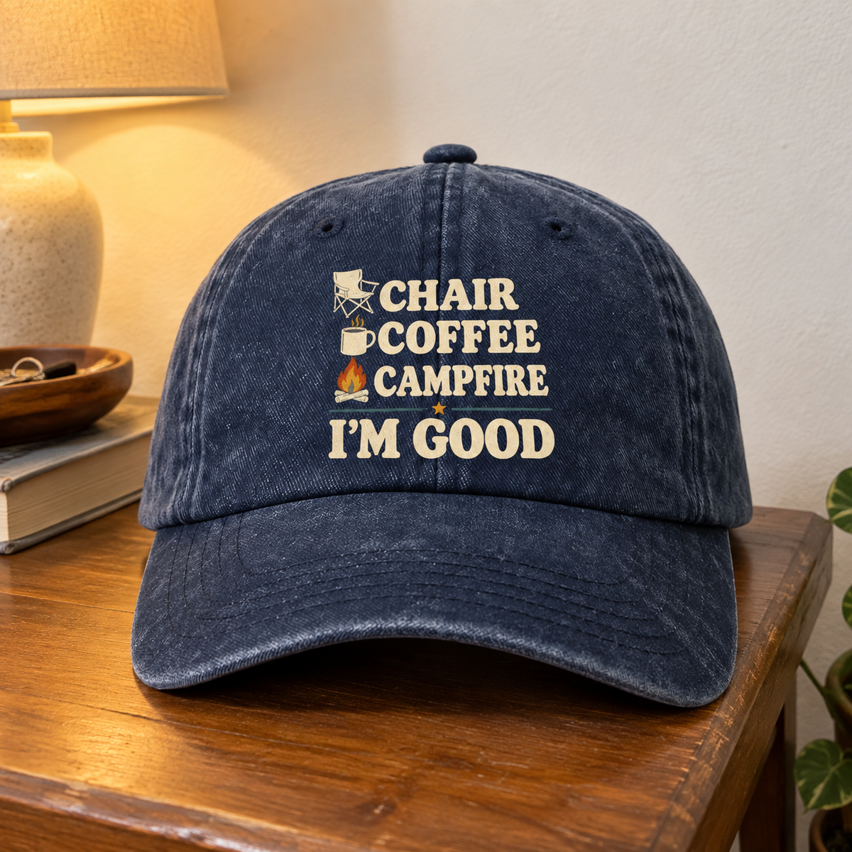 vintage washed cap product shot with Chair Coffee Campfire. I'm Good printed design