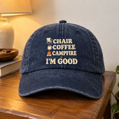 vintage washed cap product shot with Chair Coffee Campfire. I'm Good printed design