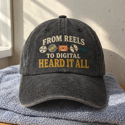 Black vintage washed cap with printed From Reels To Digital Heard It All slogan