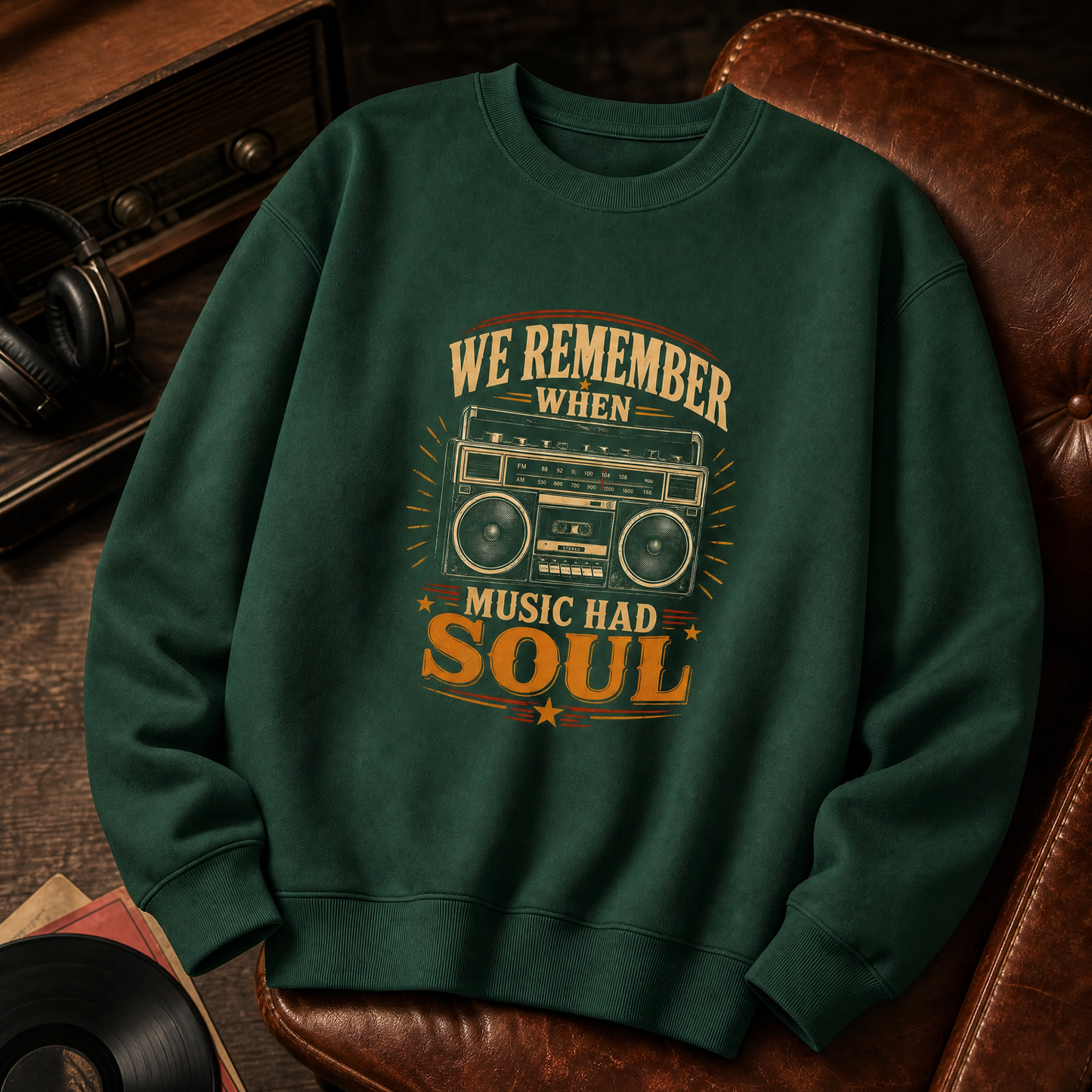Green vintage sweatshirt with printed “We Remember When Music Had Soul” radio design.