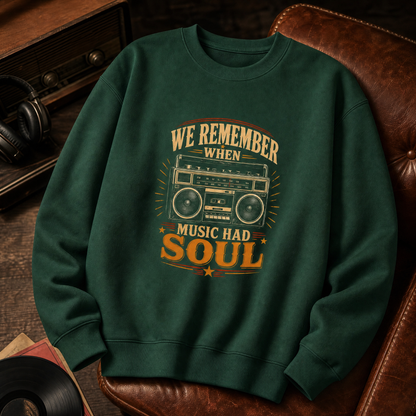 Green vintage sweatshirt with printed “We Remember When Music Had Soul” radio design.