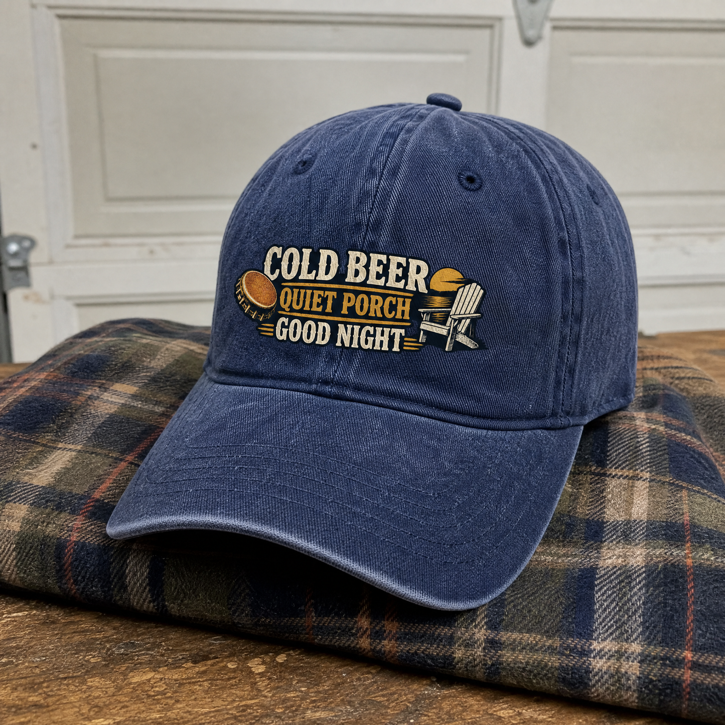 Navy vintage washed cap with printed Cold Beer Quiet Porch Good Night design, front view