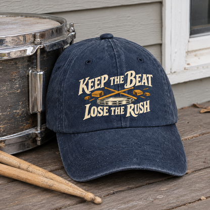 Navy vintage washed cap with printed Keep The Beat. Lose The Rush slogan, hero view
